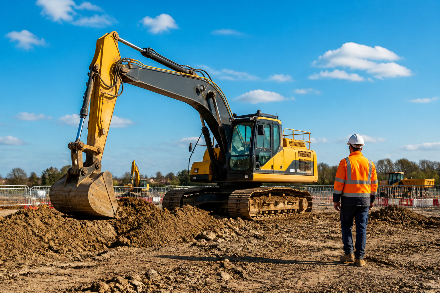 Excavatrice jaune sur un chantier actif