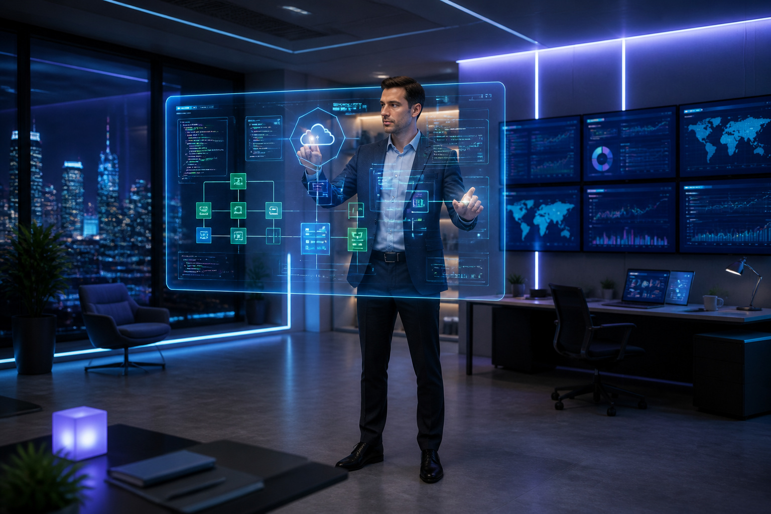 Architecte web interagissant avec une interface holographique