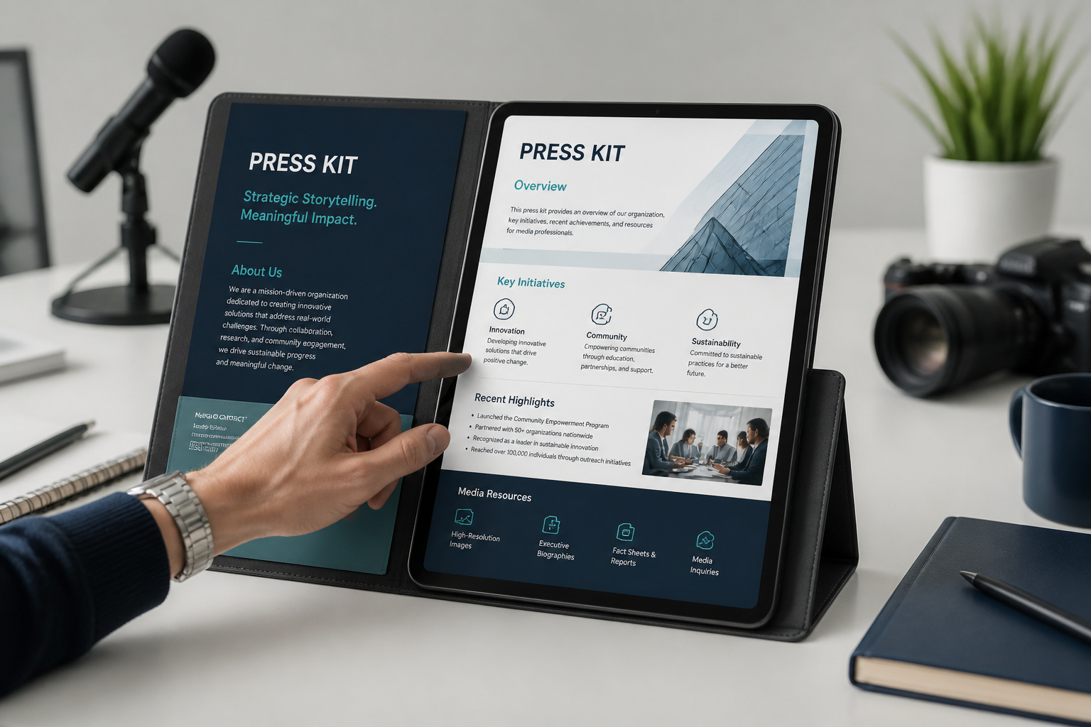 Dossier de presse interactif sur un bureau moderne
