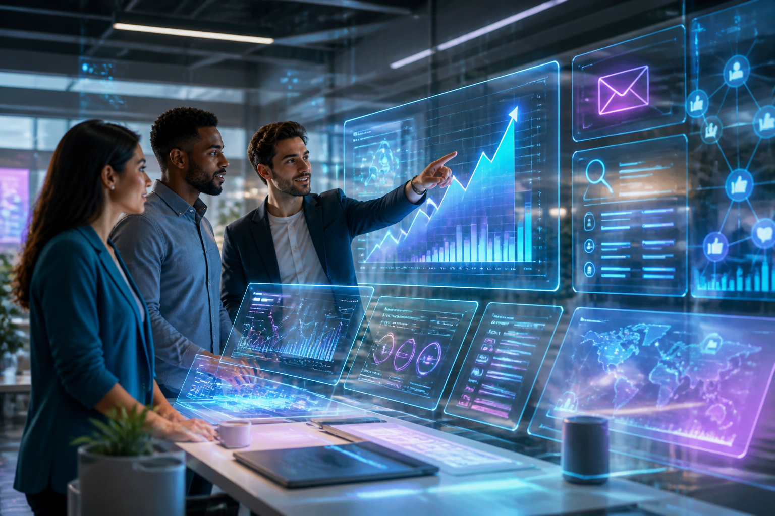 Equipe analysant des donnees marketing holographiques
