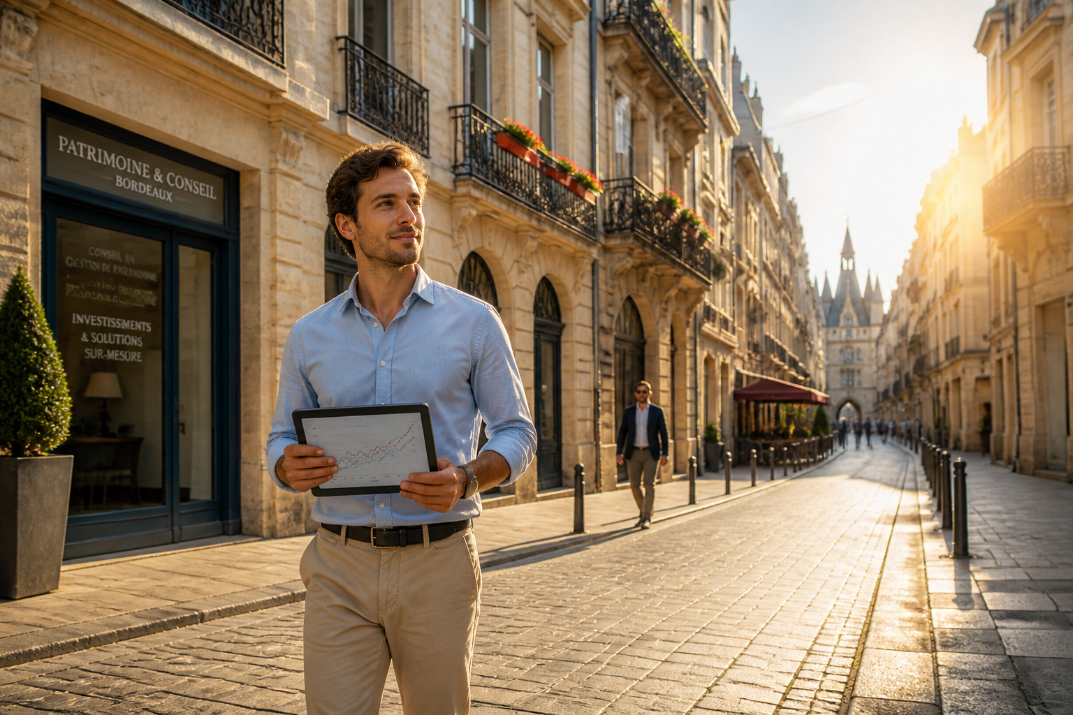 Homme daffaires a bordeaux avec tablette